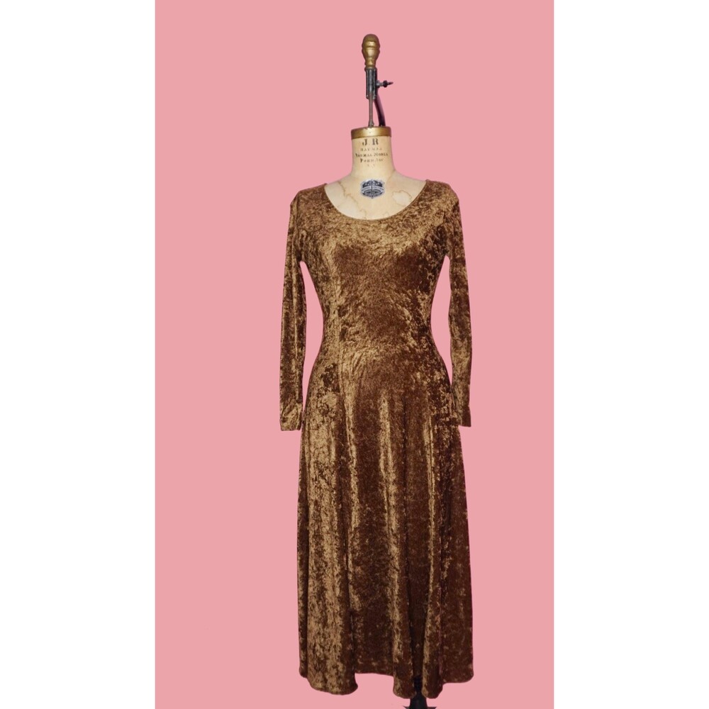 1990s CRUSHED VELVET Long Sleeve Dark Brown TIMING Maxi Dress. Small-Medium